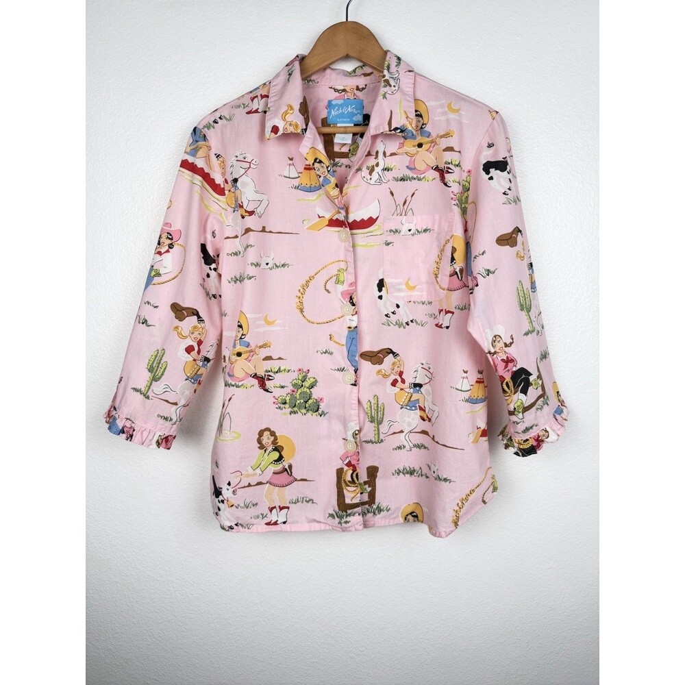 Nick & Nora Pajama Shirt Medium Retro Cowgirl Western Print Pink Ruffle Top Only